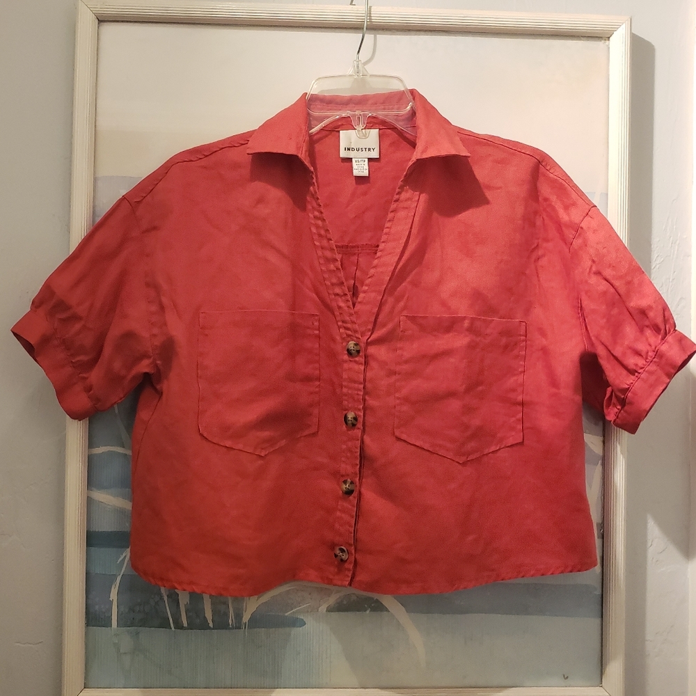 INDUSTRY Women's Crop Top Button Up 100% Linen Orange XS Casual Short Sleeve